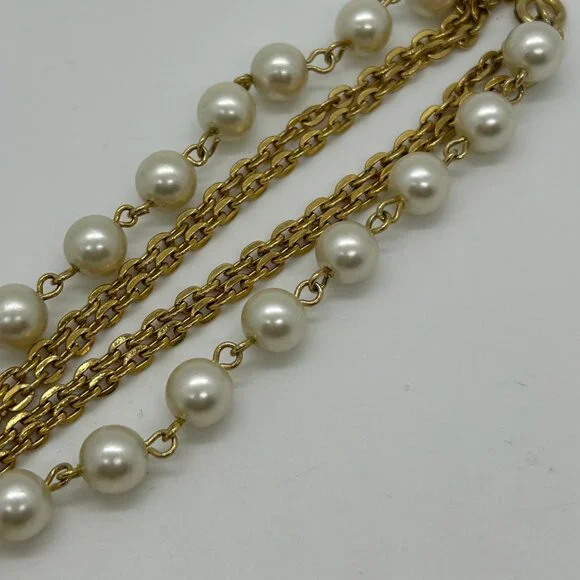 Vintage Faux Pearl Necklace Triple Strand Gold-Tone Chain Tassel Pendant 1970s - Picture 11 of 13